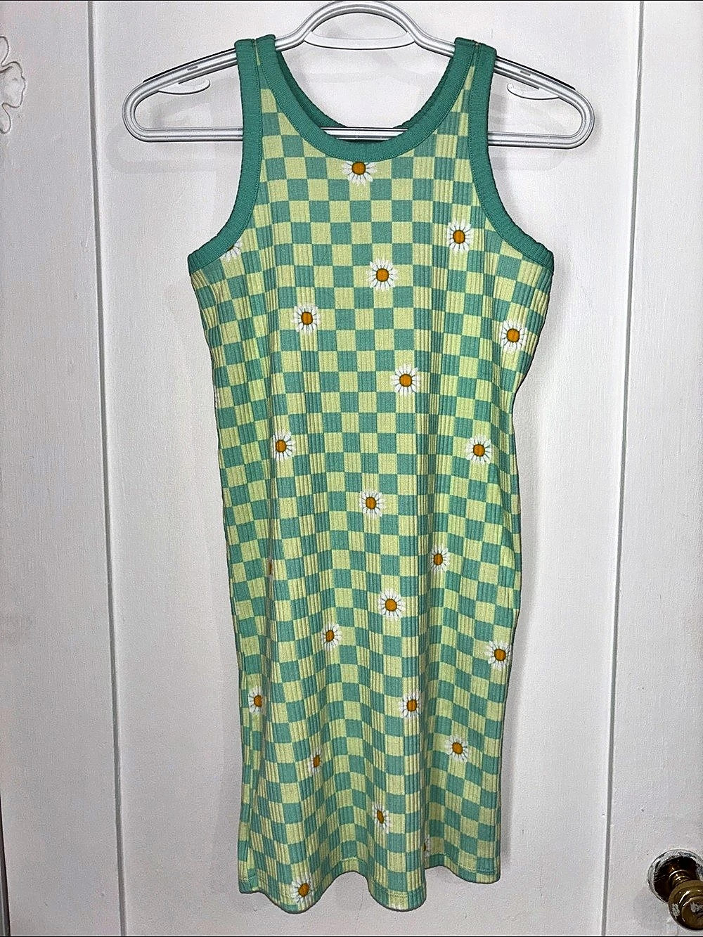 Old Navy Girls Checkerboard Daisy Ribbed Tank Dress, Green & Yellow, XL